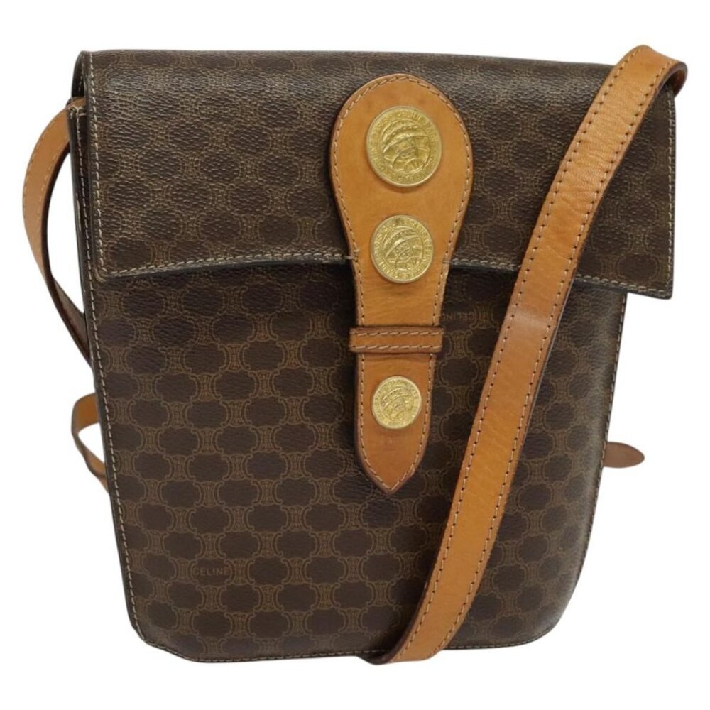 Authentic CELINE Macadam Canvas Shoulder Bag PVC Leather Brown Gold